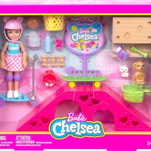Barbie Toys, Chelsea Doll and Accessories, Skatepark Playset with 2 Puppies