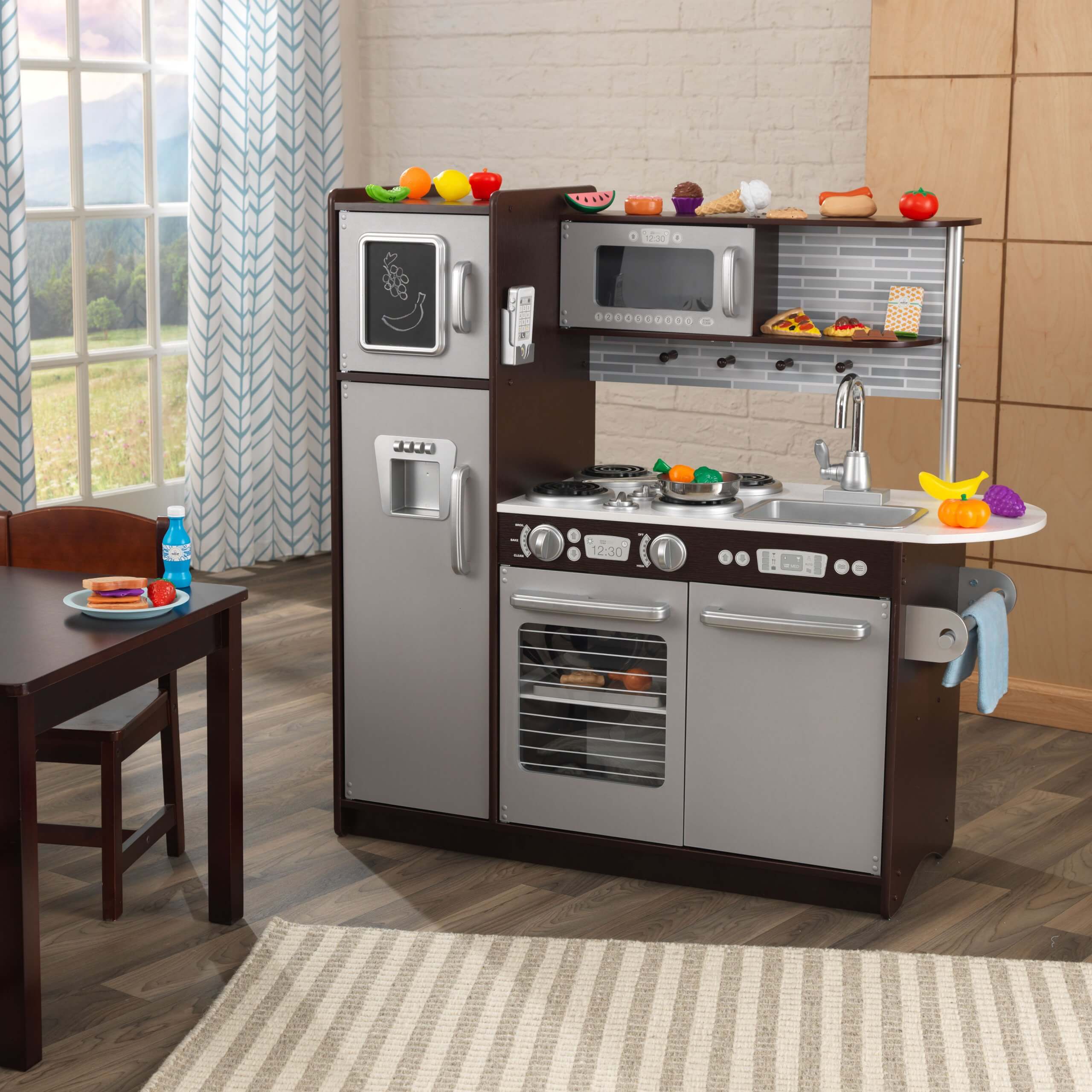 KidKraft Uptown Espresso Kitchen with 30 Piece Play Food Accessory Set
