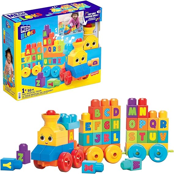 MEGA BLOKS First Builders Toddler Building Blocks Toy Set ABC Musical Train with 50 Pieces Music and Sounds