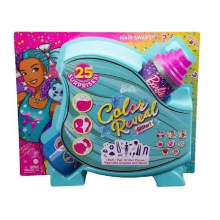 Barbie Color Reveal Glitter! Hair Swaps Dolls Glittery Purple with 25 Surprises