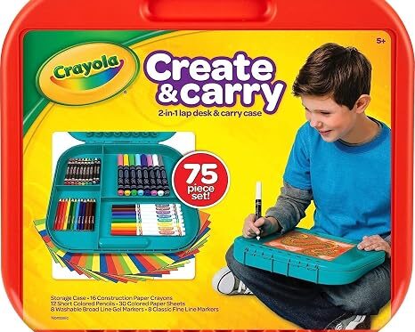 Crayola Create ‘N Carry Travel Art Set for Kids (75pcs), 2-in-1 Lap Desk & Carrying Case